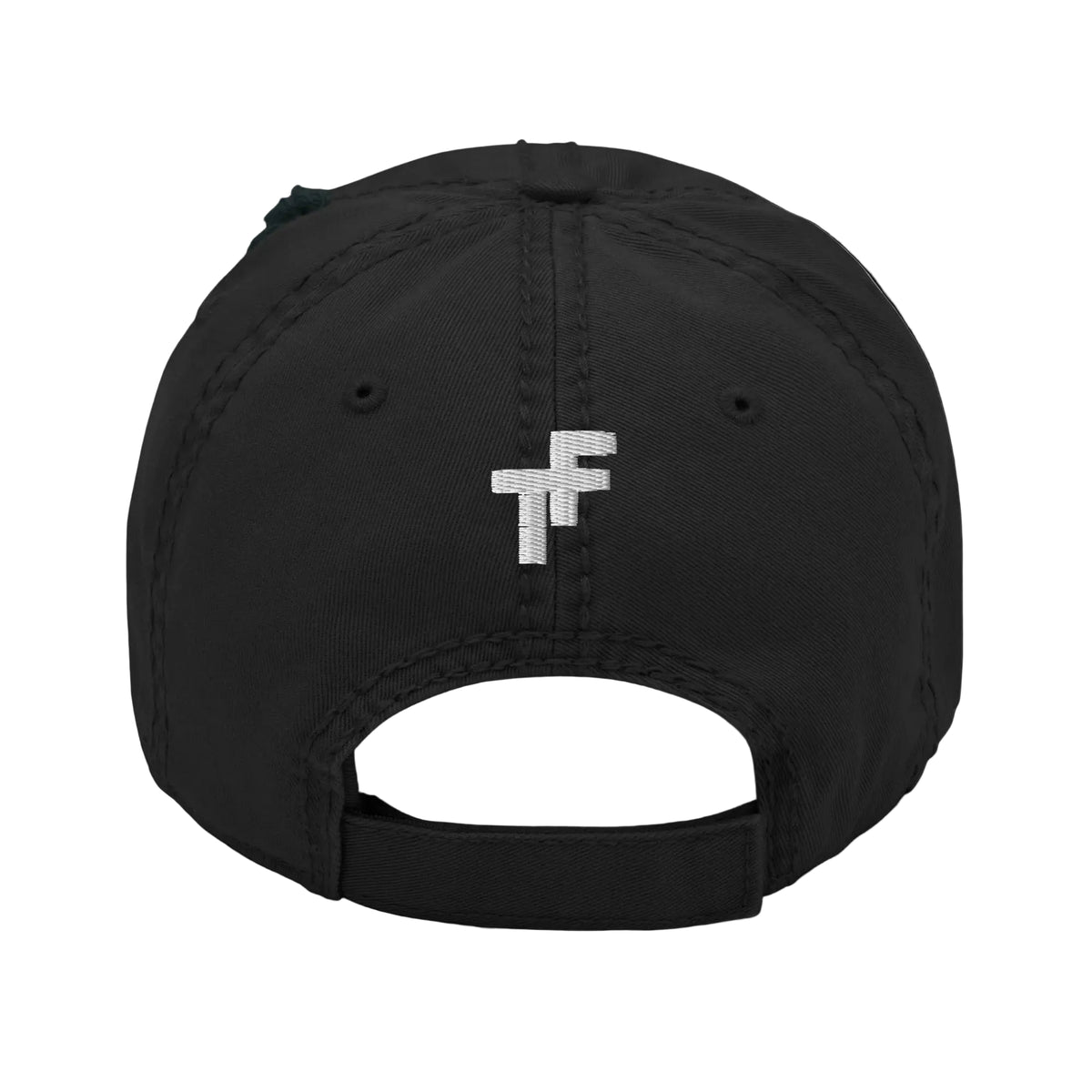 Black cap with a white logo on the back against a white background