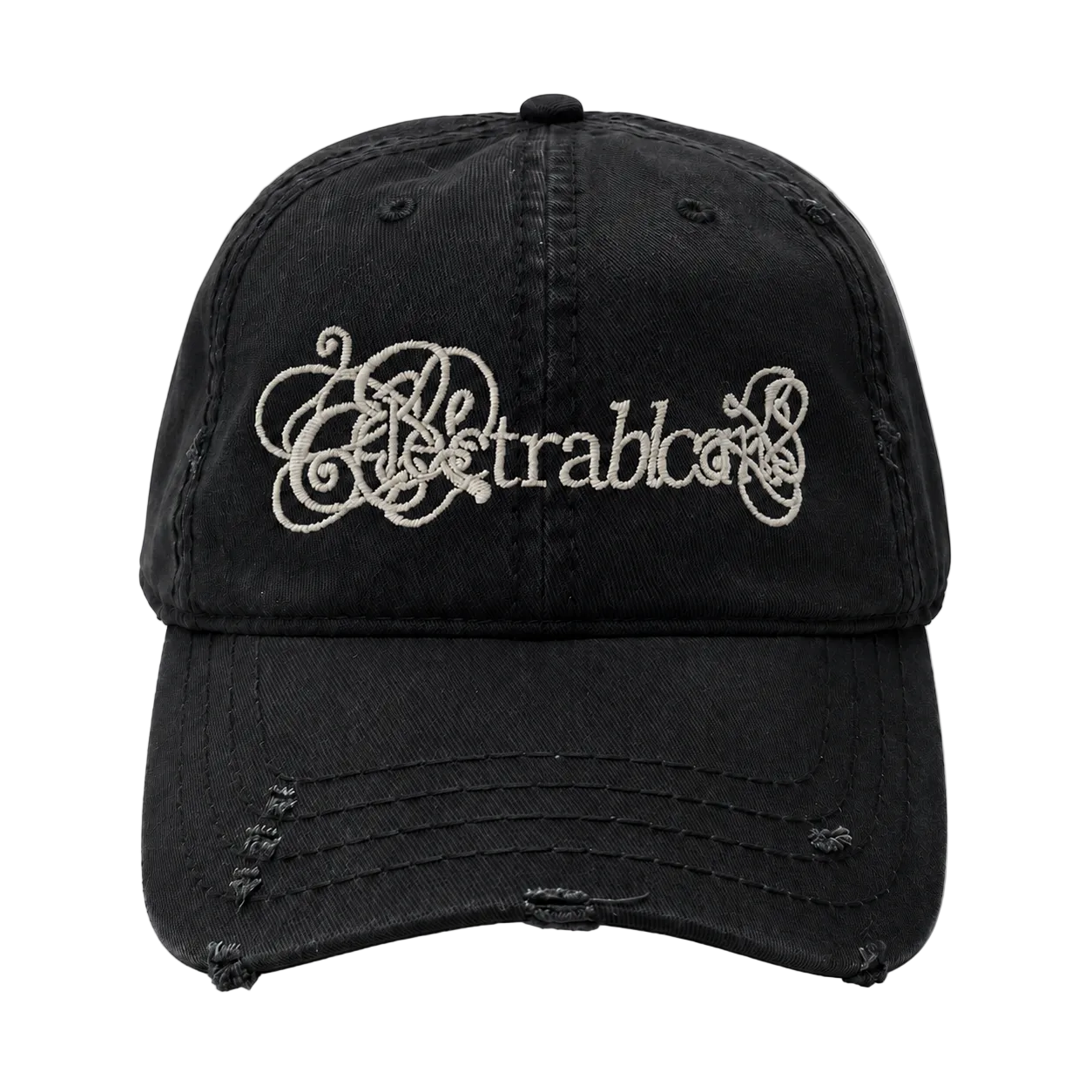 Black distressed baseball cap with decorative text on a white background