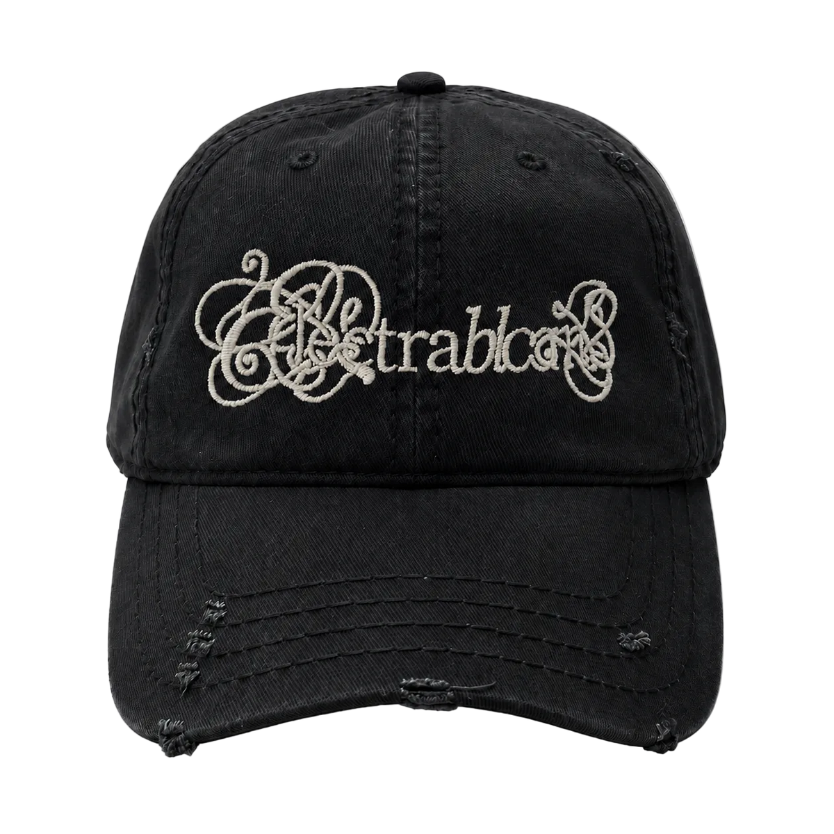 Black distressed baseball cap with decorative text on a white background